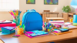 A warm, well-lit home study area showing a neatly organized desk with colorful school supplies like notebooks, pencils, and art materials alongside a sturdy backpack and a reusable lunchbox, with a parent and child reviewing a smart shopping list on a tablet, conveying smart back-to-school planning and family teamwork.